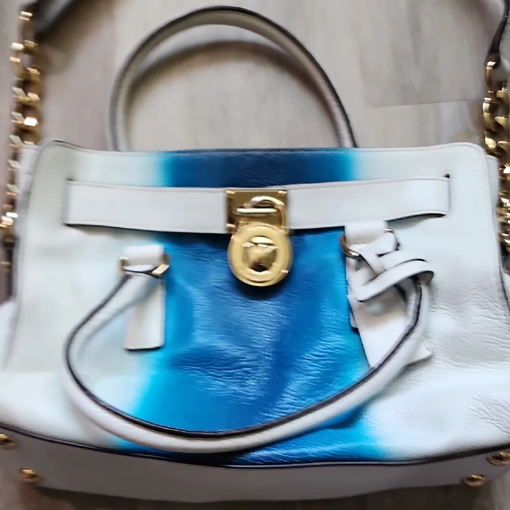MICHAEL KORS HAMILTON SPRAY WHITE/ SUMMER BLUE EW SATCHEL  LEATHER HANDBAG PURSE